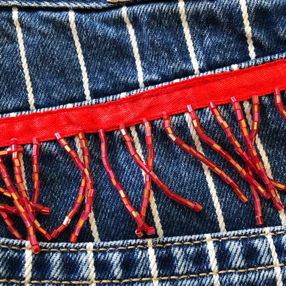 Denim Pin Stripe Jeans with Vintage Fringe - American Eagle Mom Jeans - Waist 26 - Picture 7 of 16
